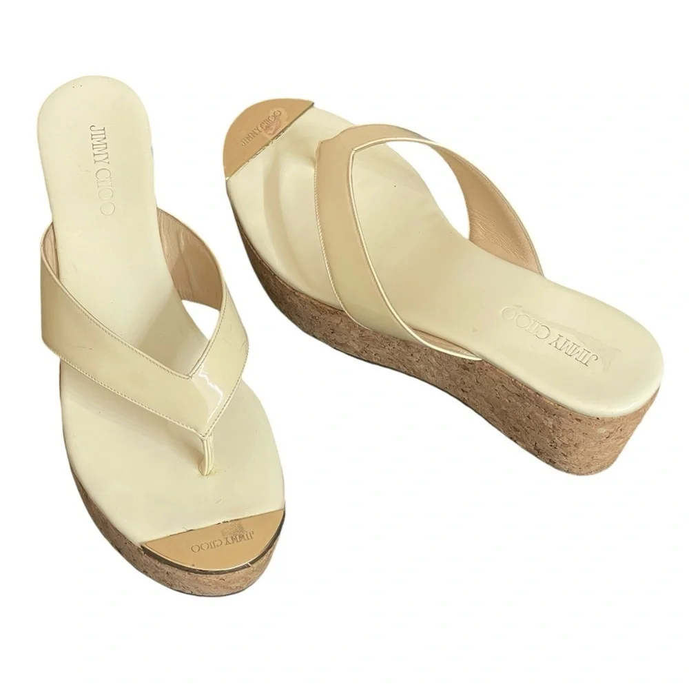 JIMMY CHOO Open Toe Platform Wedge Sandals Leather‎ Cork Size 7/ 37